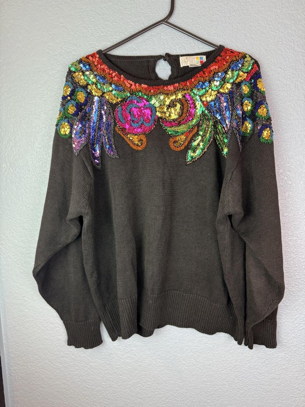 Vintage Claudia Barnes Sweater Womens 38 Brown Sequin Floral Pullover